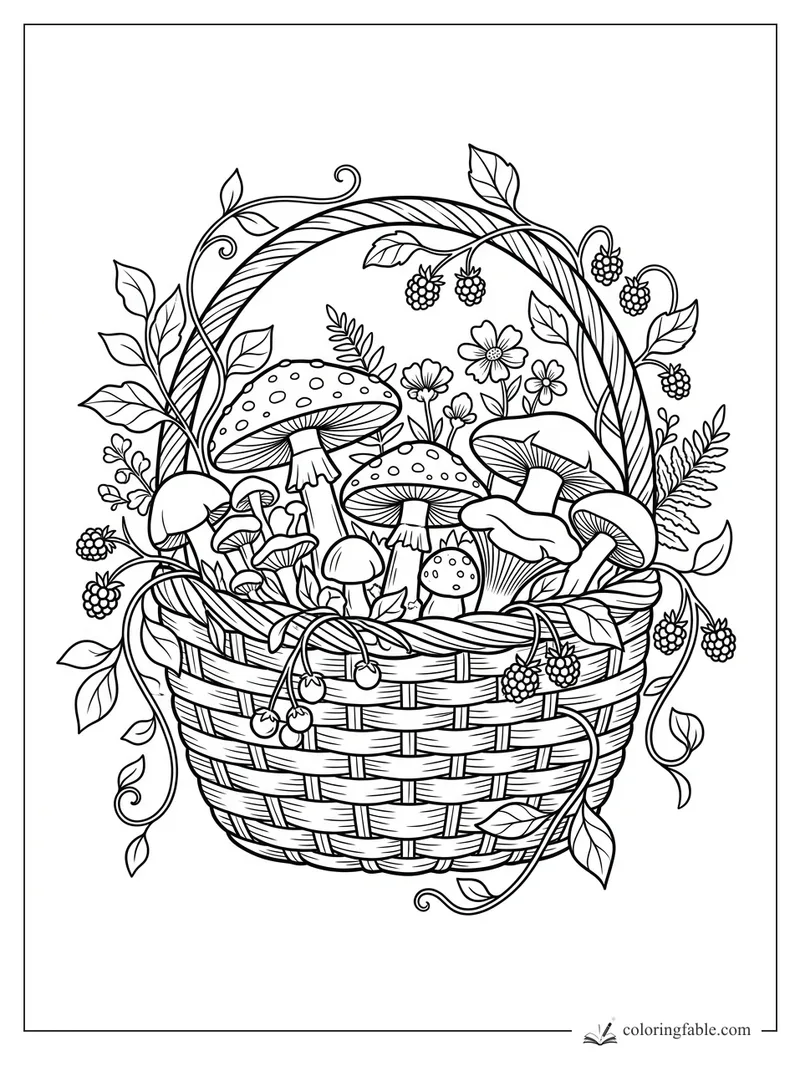 Aesthetic coloring page of mushrooms in a woven basket with flowers, curling vines, leaves, and berries.