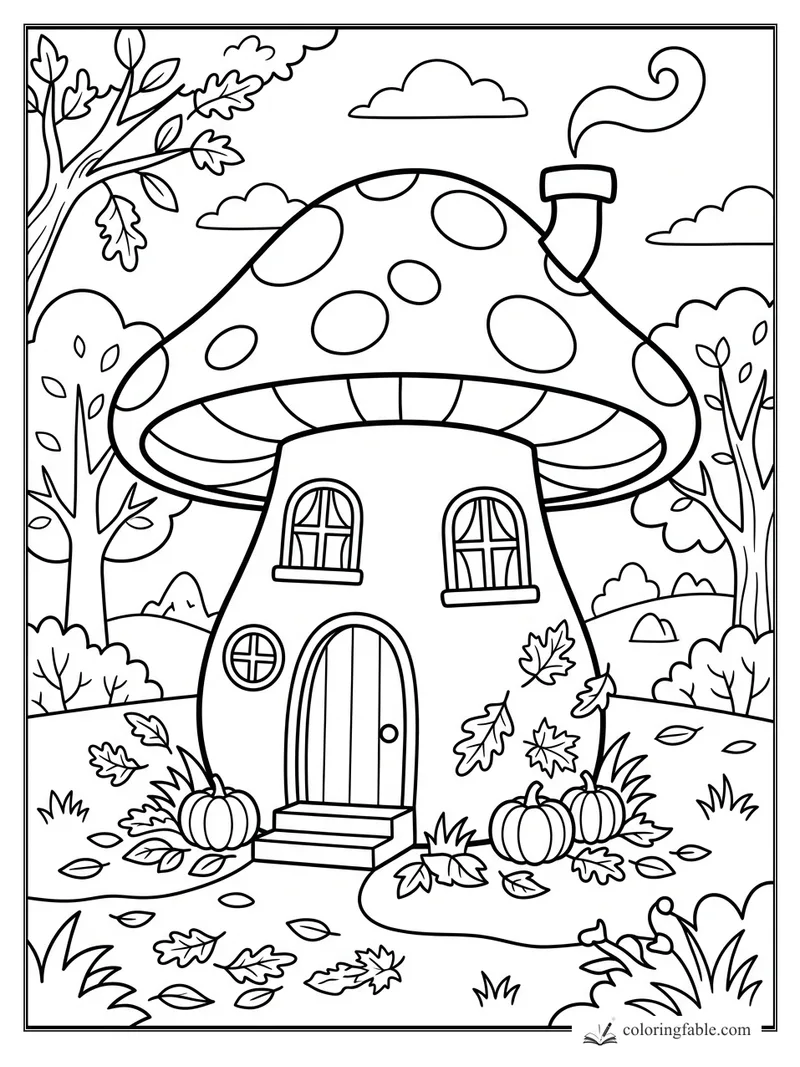 Cartoon mushroom cottage with spotted cap roof, pumpkins, autumn leaves, trees, clouds, and a chimney.