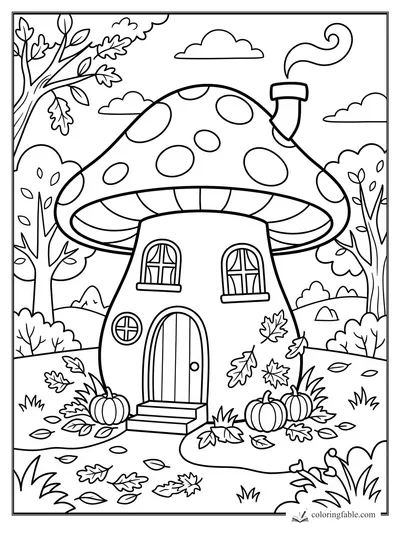Cartoon mushroom cottage with spotted cap roof, pumpkins, autumn leaves, trees, clouds, and a chimney.