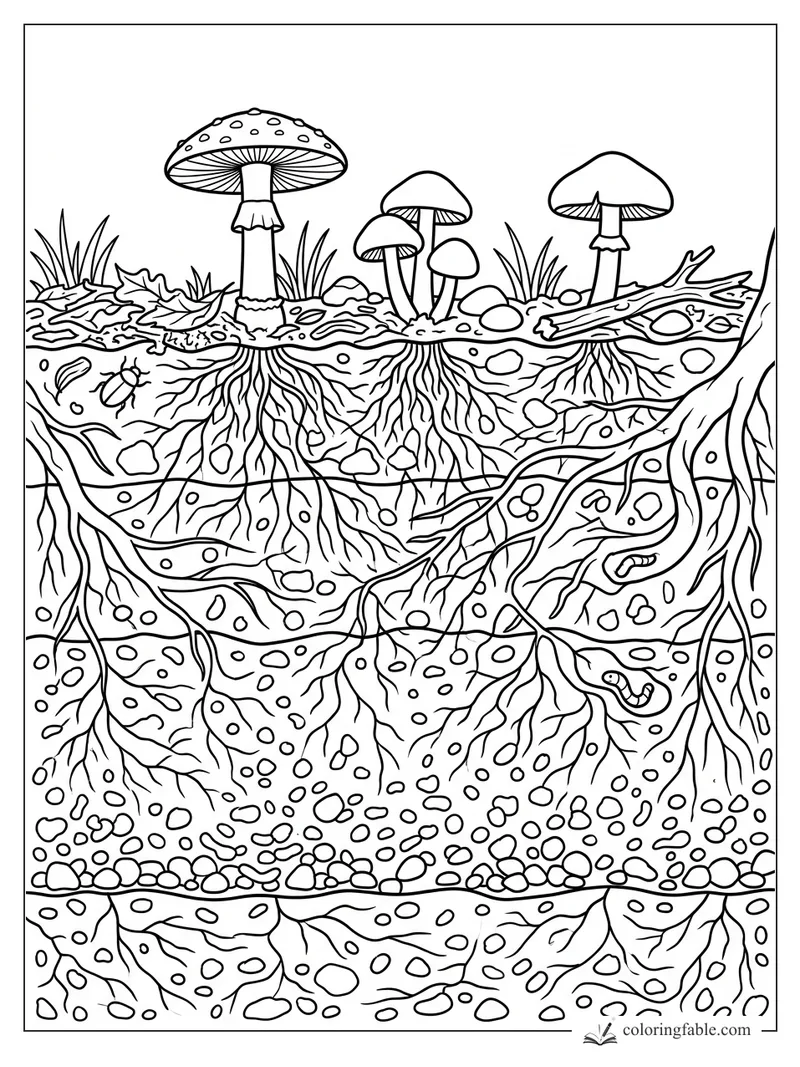 Mushrooms above layered soil with tangled roots, pebbles, beetle, worm, fallen leaves, and a log