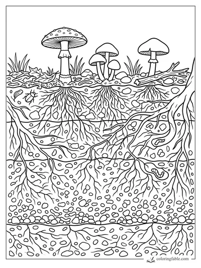 Mushrooms above layered soil with tangled roots, pebbles, beetle, worm, fallen leaves, and a log