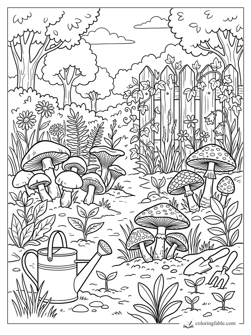 Mushrooms, watering can, trowel, fork, flowers, and vines in a detailed garden coloring page.