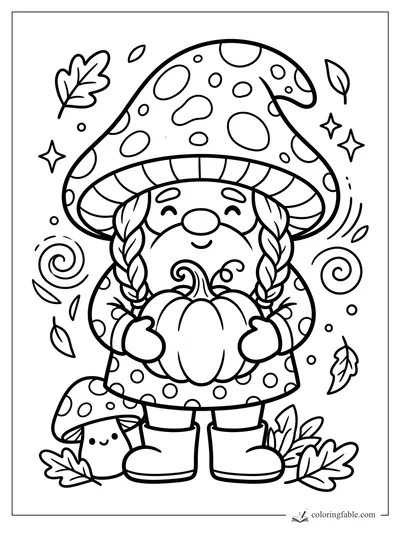 Kawaii fall girl in a spotted mushroom hat holding a pumpkin among leaves and swirls