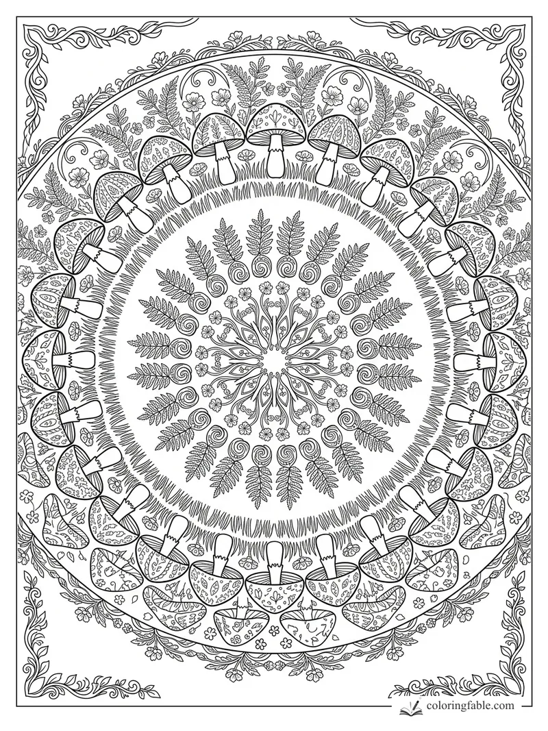 Intricate mushroom mandala with spotted caps, fern fronds, tiny flowers, and leafy corner borders.