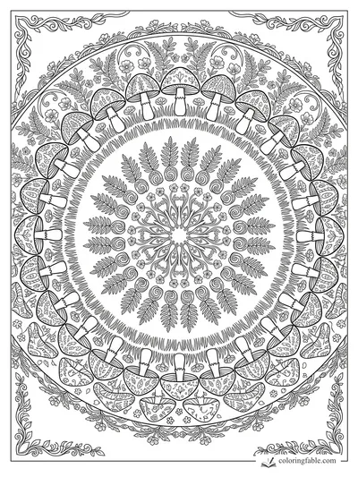 Intricate mushroom mandala with spotted caps, fern fronds, tiny flowers, and leafy corner borders.