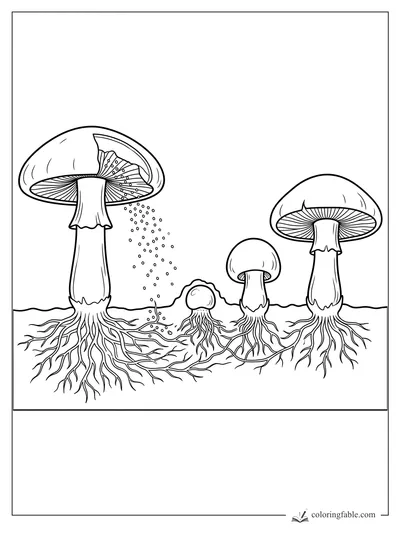 Tall mushrooms with exposed roots, gills, and falling spores in an underground scene