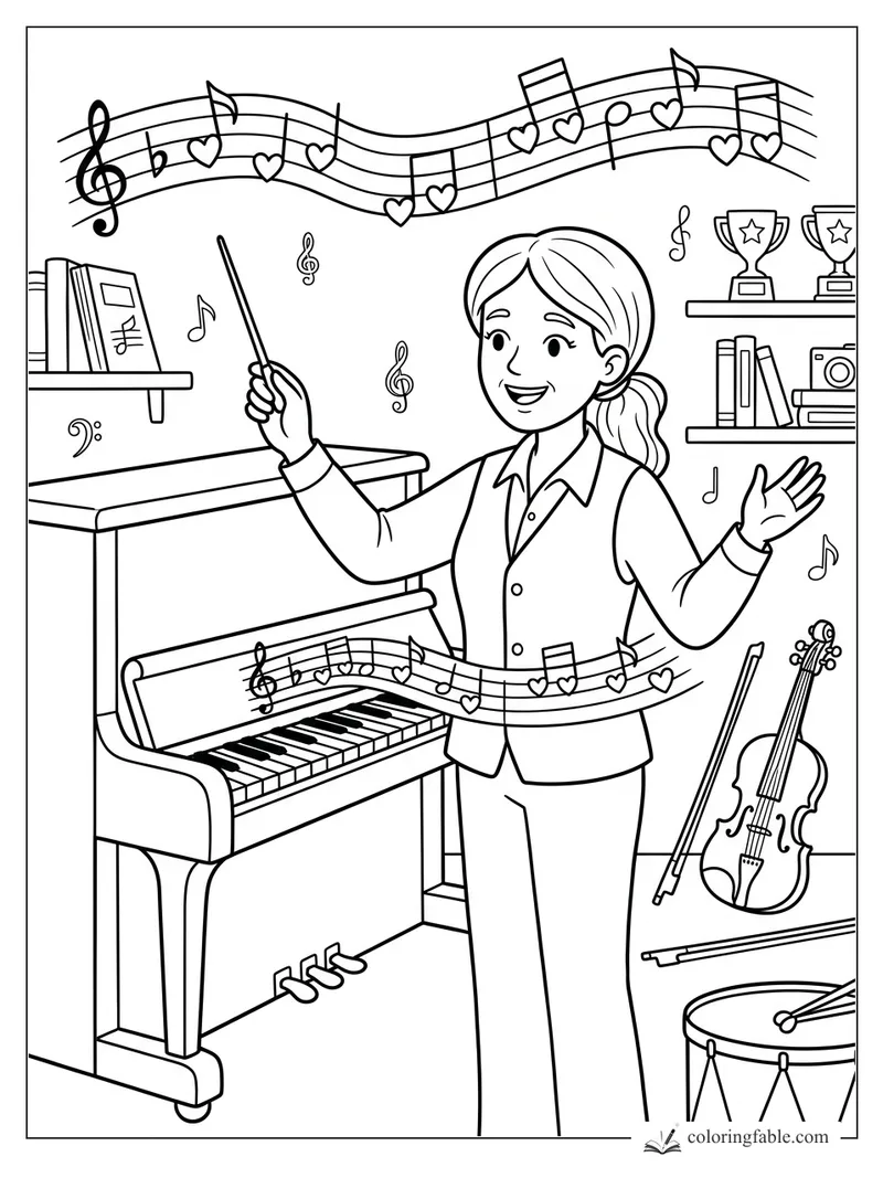 Smiling music teacher conducts heart-shaped notes beside a piano, violin, drum, trophies, and shelves.
