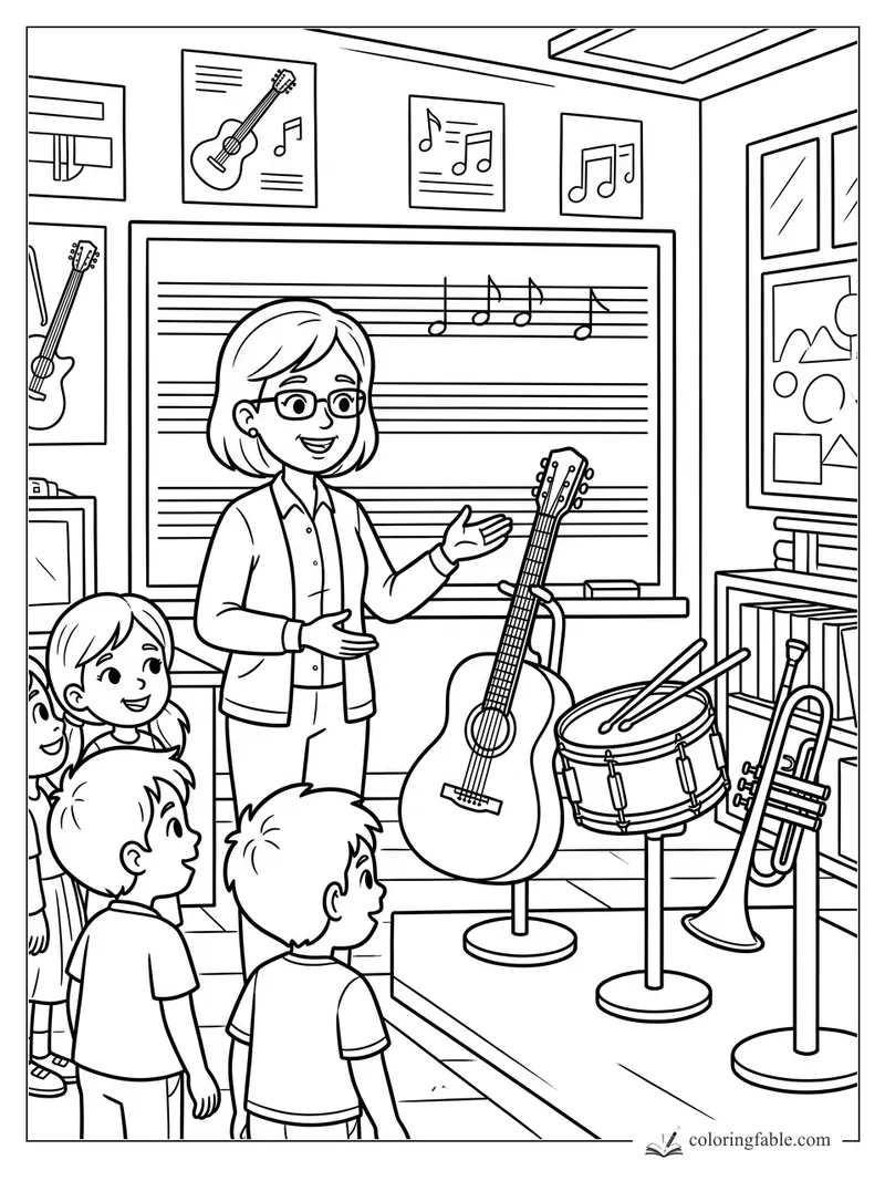 Music teacher shows children a guitar, snare drum, and trombone in a classroom with notes on the board.