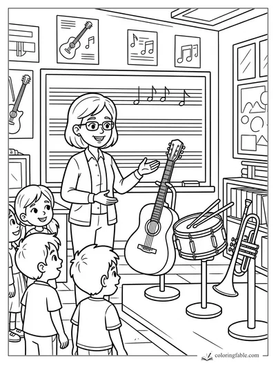 Music teacher shows children a guitar, snare drum, and trombone in a classroom with notes on the board.