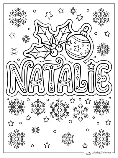 Natalie name coloring page with holly leaves, a hanging ornament, stars, and snowflakes.