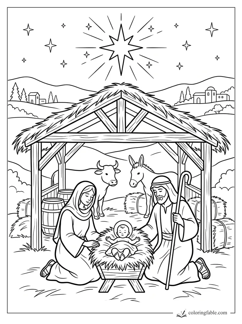 Nativity coloring page with baby Jesus in a manger, Mary, Joseph, donkey, cow, hay, and Christmas star