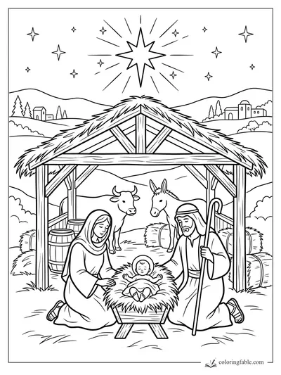 Nativity coloring page with baby Jesus in a manger, Mary, Joseph, donkey, cow, hay, and Christmas star