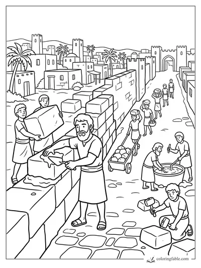 Nehemiah’s workers rebuild Jerusalem’s wall with stones, tools, water, and baskets near the city gate.