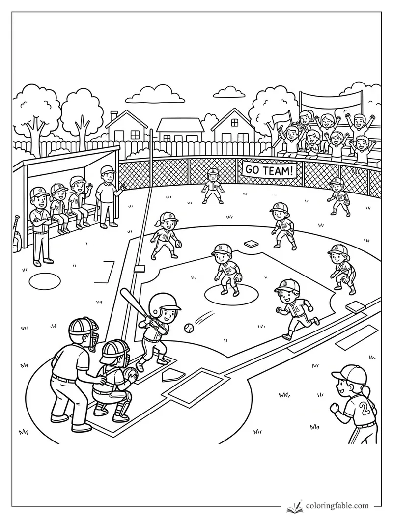 Cartoon kids playing baseball as fans cheer behind a Go Team banner at a neighborhood field