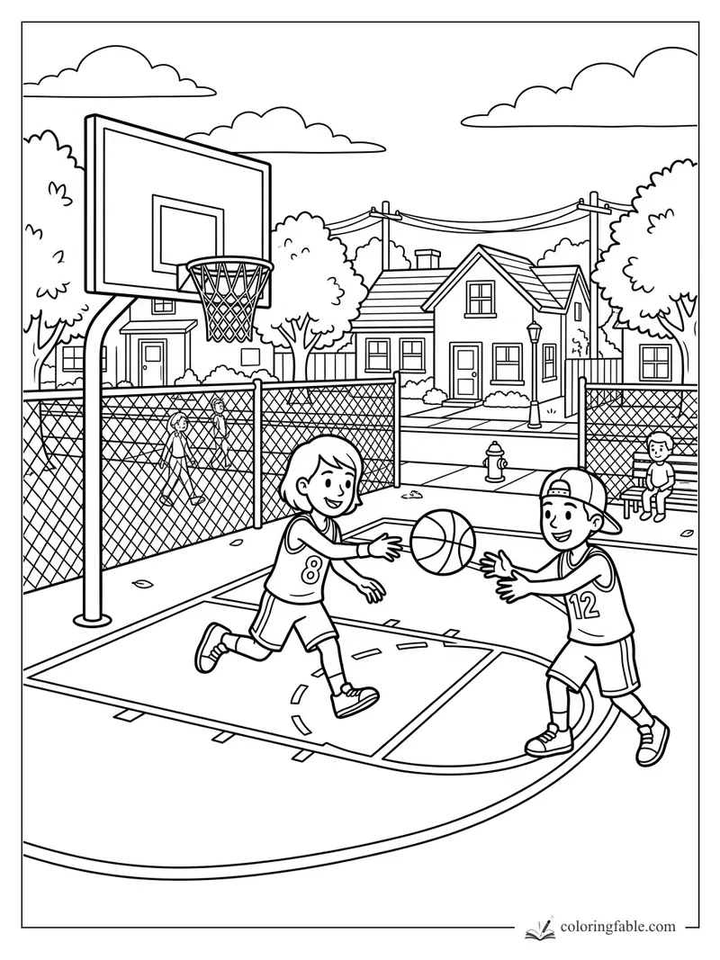 Kids pass a basketball on a fenced neighborhood court with houses, trees, bench, and backboard.