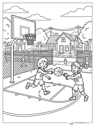 Kids pass a basketball on a fenced neighborhood court with houses, trees, bench, and backboard.