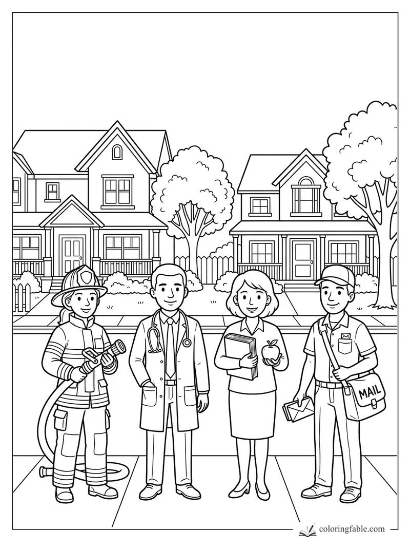 Firefighter, doctor, teacher, and mail carrier standing together in a neighborhood street