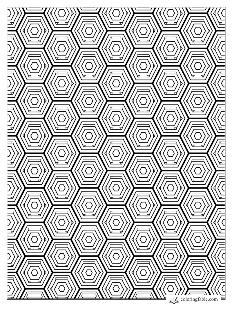 Intricate geometric coloring page with repeating nested hexagons in a honeycomb grid