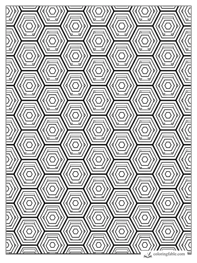 Intricate geometric coloring page with repeating nested hexagons in a honeycomb grid