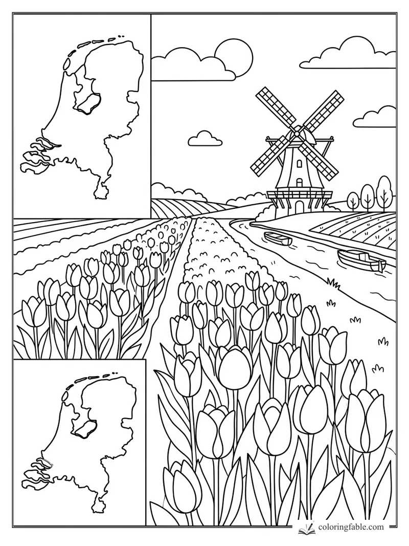 Netherlands coloring page with tulip fields, windmill, canals, boats, clouds, and two country maps