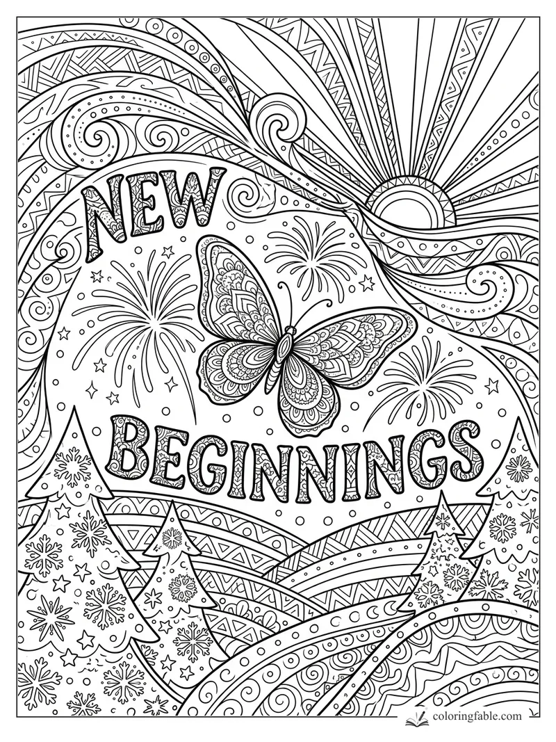 Intricate New Beginnings affirmation mandala with butterfly, sunrise rays, fireworks, snowy trees, and swirling bands.