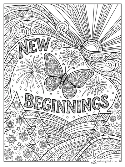 Intricate New Beginnings affirmation mandala with butterfly, sunrise rays, fireworks, snowy trees, and swirling bands.