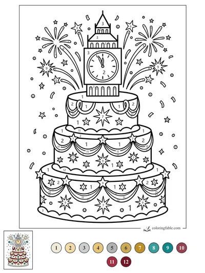 New Year Clock Tower Cake with Fireworks — color by number