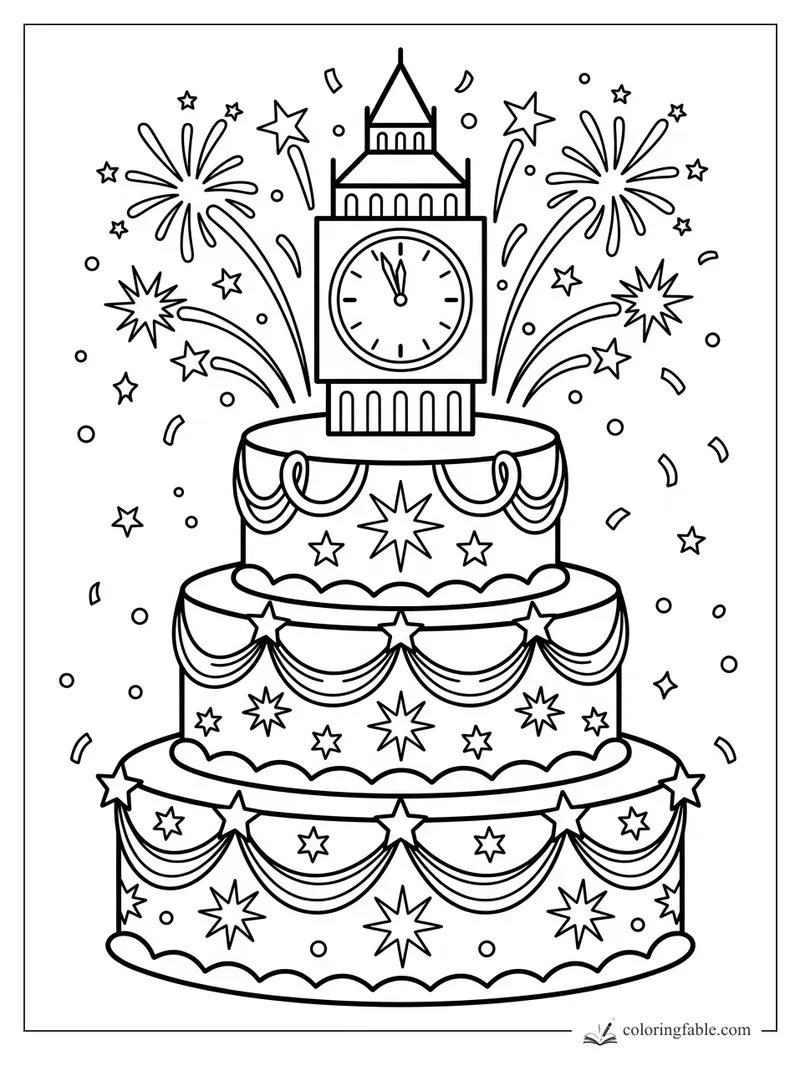 Three-tier cake with a clock tower topper, fireworks, stars, bunting, and confetti for New Year coloring.