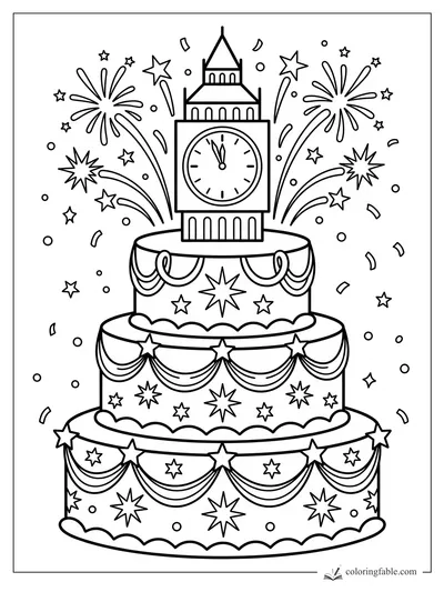 Three-tier cake with a clock tower topper, fireworks, stars, bunting, and confetti for New Year coloring.