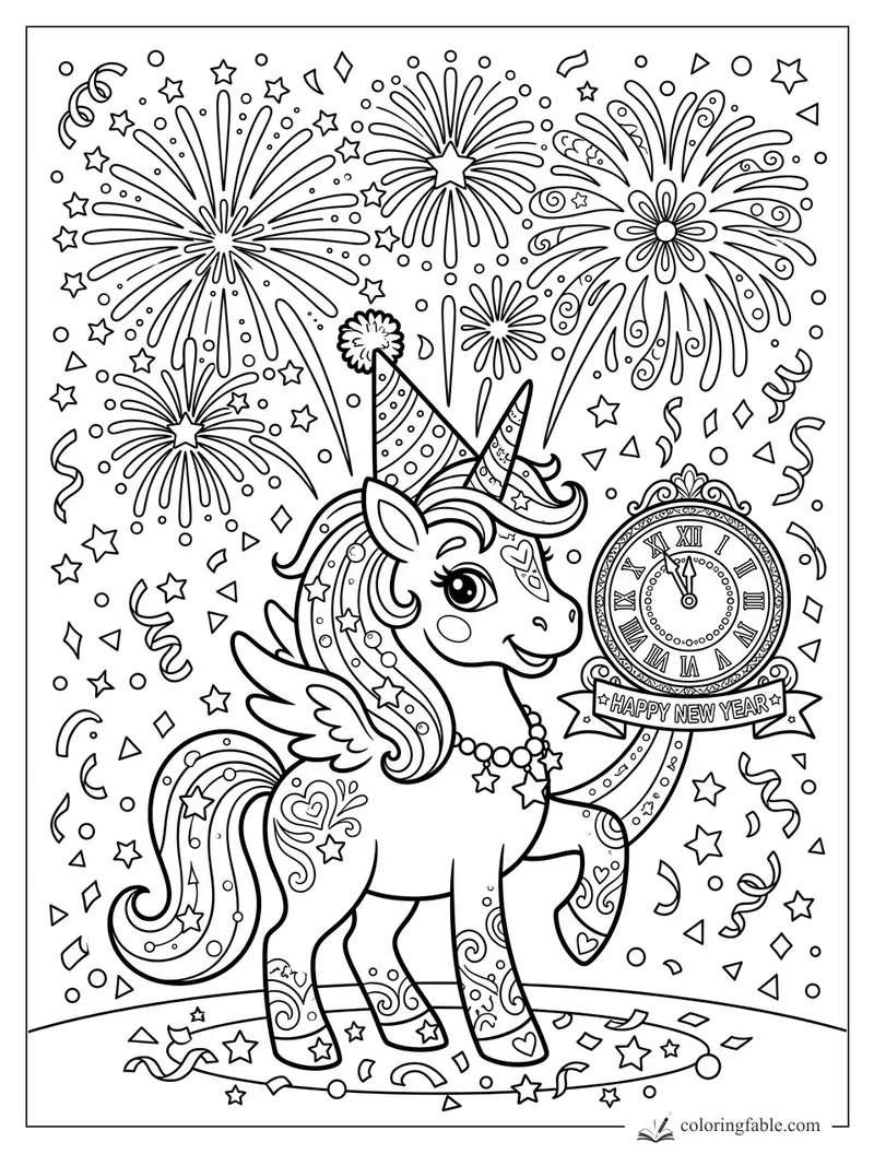 Cartoon winged unicorn holding a Happy New Year clock under fireworks, stars, and confetti.