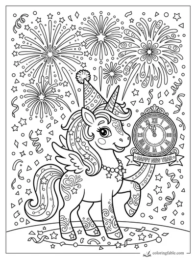 Cartoon winged unicorn holding a Happy New Year clock under fireworks, stars, and confetti.