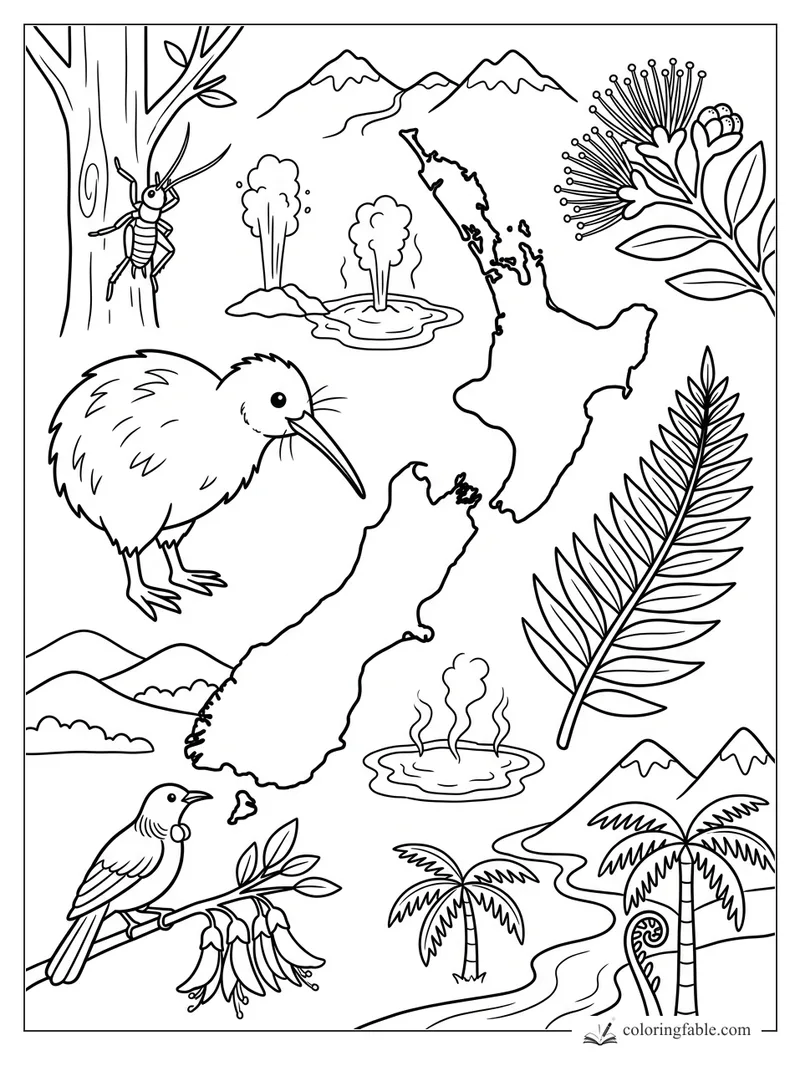 New Zealand coloring page with kiwi bird, map outline, geysers, fern frond, mountains, and native flowers