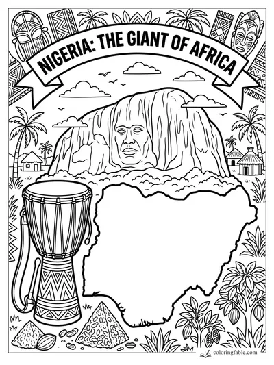 Nigeria coloring page with map outline, Zuma Rock face, talking drum, palm trees, masks, huts, and cocoa pods.