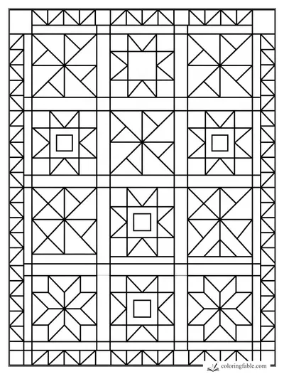Geometric coloring page with nine quilt blocks, triangle borders, star centers, and small square motifs