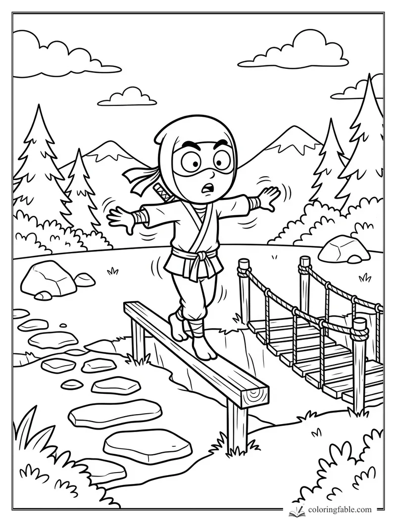 Cartoon ninja balancing on a narrow beam beside a rope bridge, rocks, pine trees, mountains, and clouds.