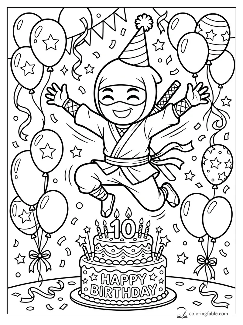 Cartoon ninja jumping over a 10th birthday cake with balloons, confetti, stars, and a party hat.