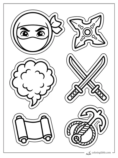 Ninja sticker coloring page with masked face, shuriken, smoke puff, crossed swords, scroll, rope and hook.