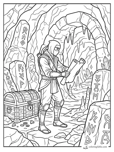 Ninja holding a scroll beside a treasure chest, rune stones, stalactites, and crystals in a cave