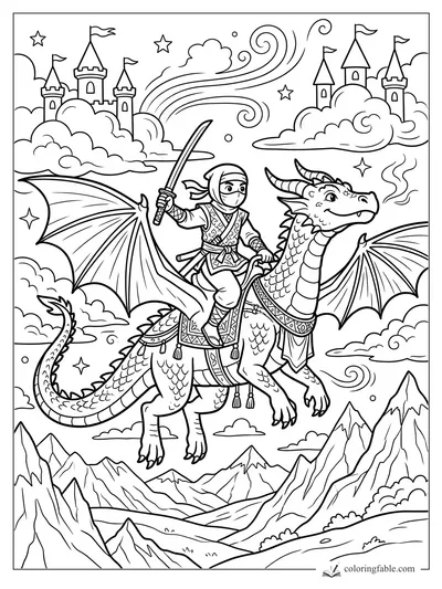 Ninja with sword riding a winged dragon over mountains, clouds, stars, and floating castles