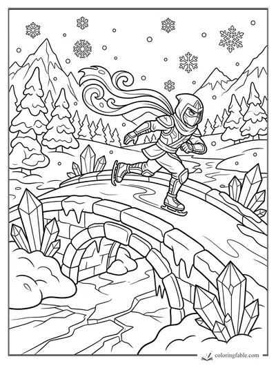 Cartoon ninja ice skating across a stone bridge with crystals, snowy pines, mountains, and snowflakes.
