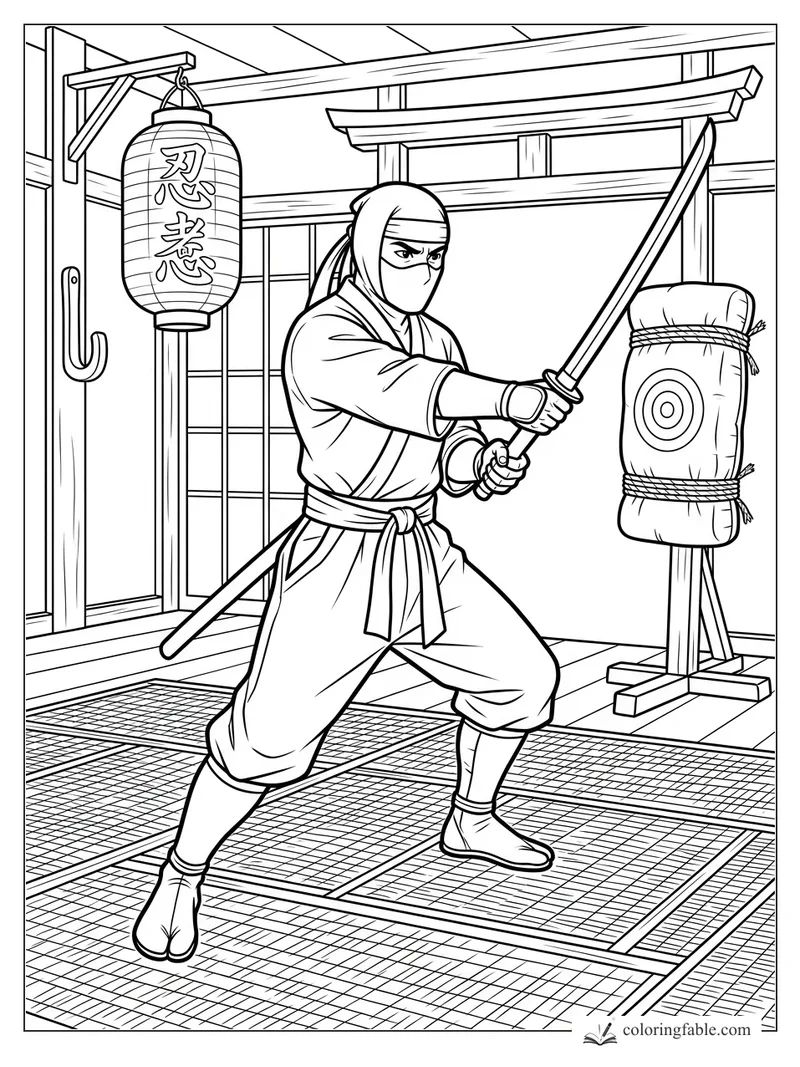 Ninja in a dojo aiming a wooden sword at a straw target beside a hanging lantern
