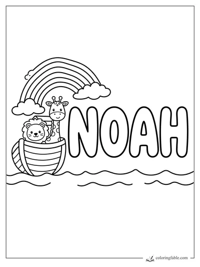 Noah name coloring page with an ark, lion, giraffe, rainbow, clouds, and wavy water.