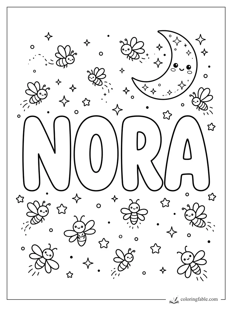 Nora name coloring page with cute fireflies, stars, dots, and a smiling crescent moon.