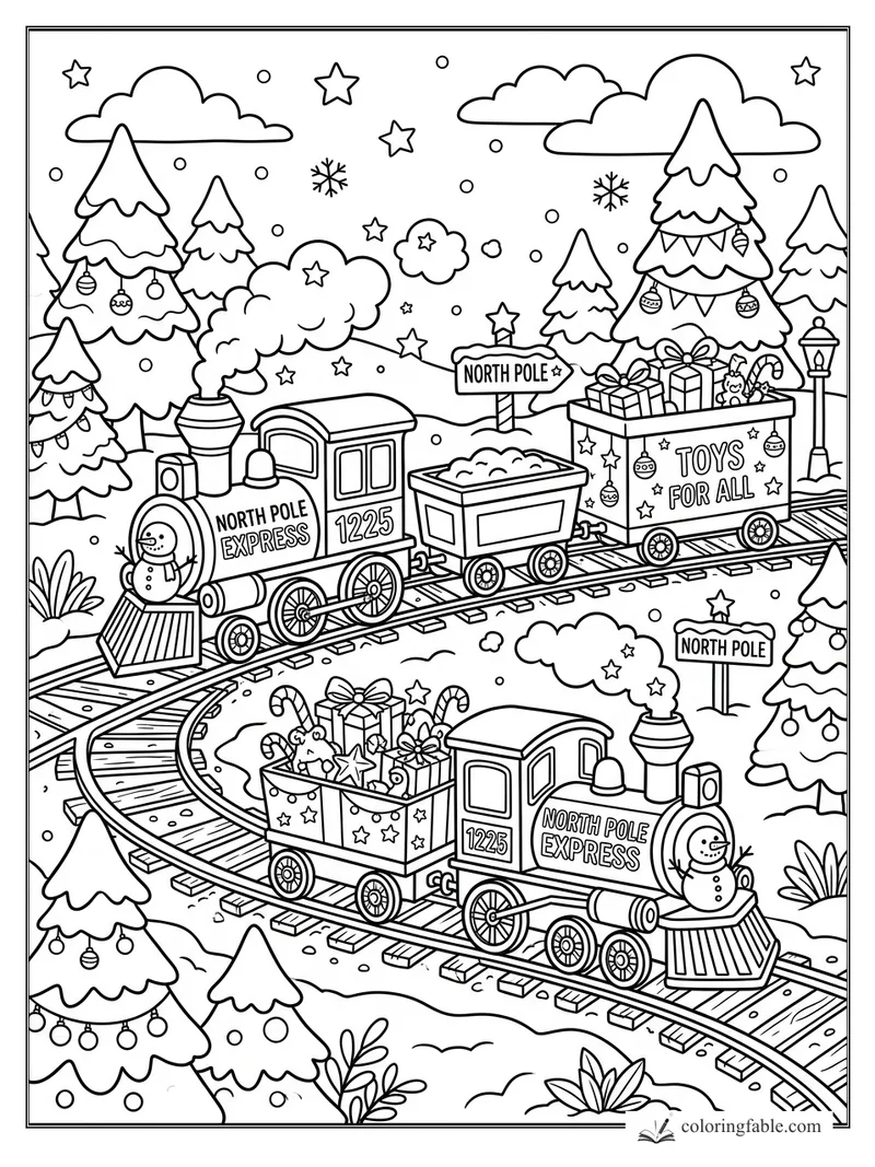 Two North Pole Express trains carry toys through snowy pines, stars, signs, and decorated Christmas trees.