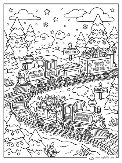 Two North Pole Express trains carry toys through snowy pines, stars, signs, and decorated Christmas trees.
