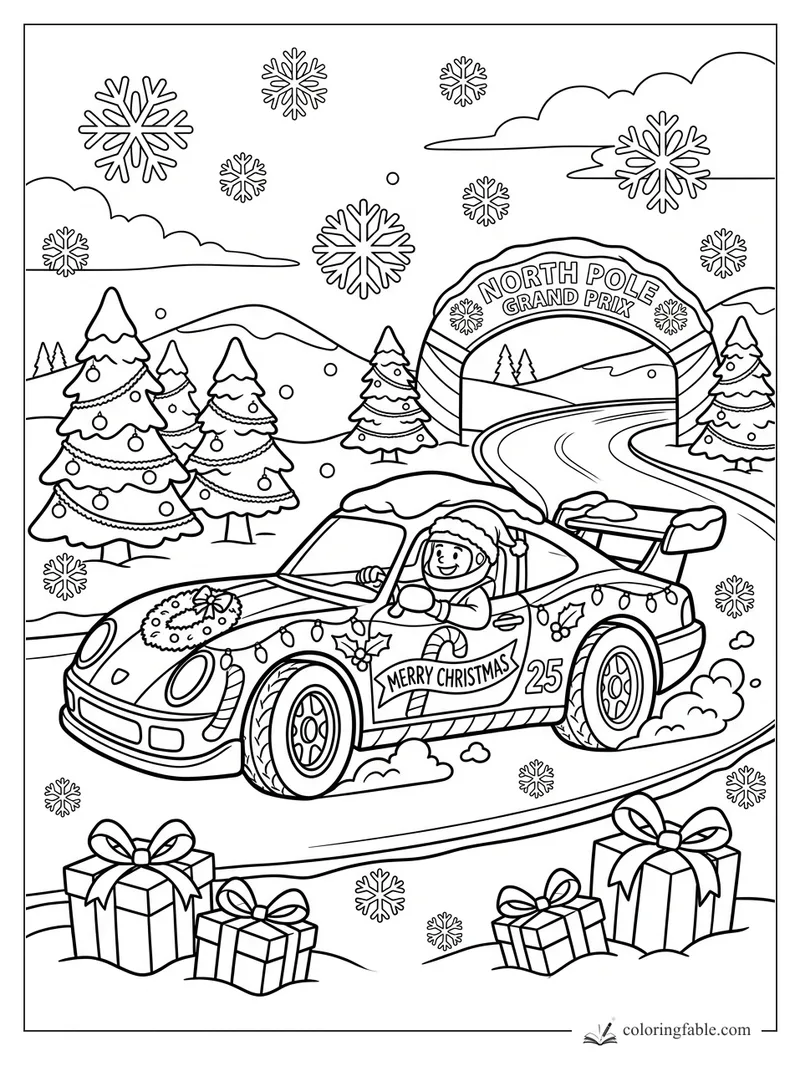 Cartoon Christmas race car at the North Pole Grand Prix with snowy trees, gifts, snowflakes, and driver waving.