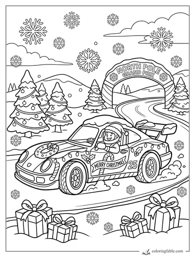 Cartoon Christmas race car at the North Pole Grand Prix with snowy trees, gifts, snowflakes, and driver waving.