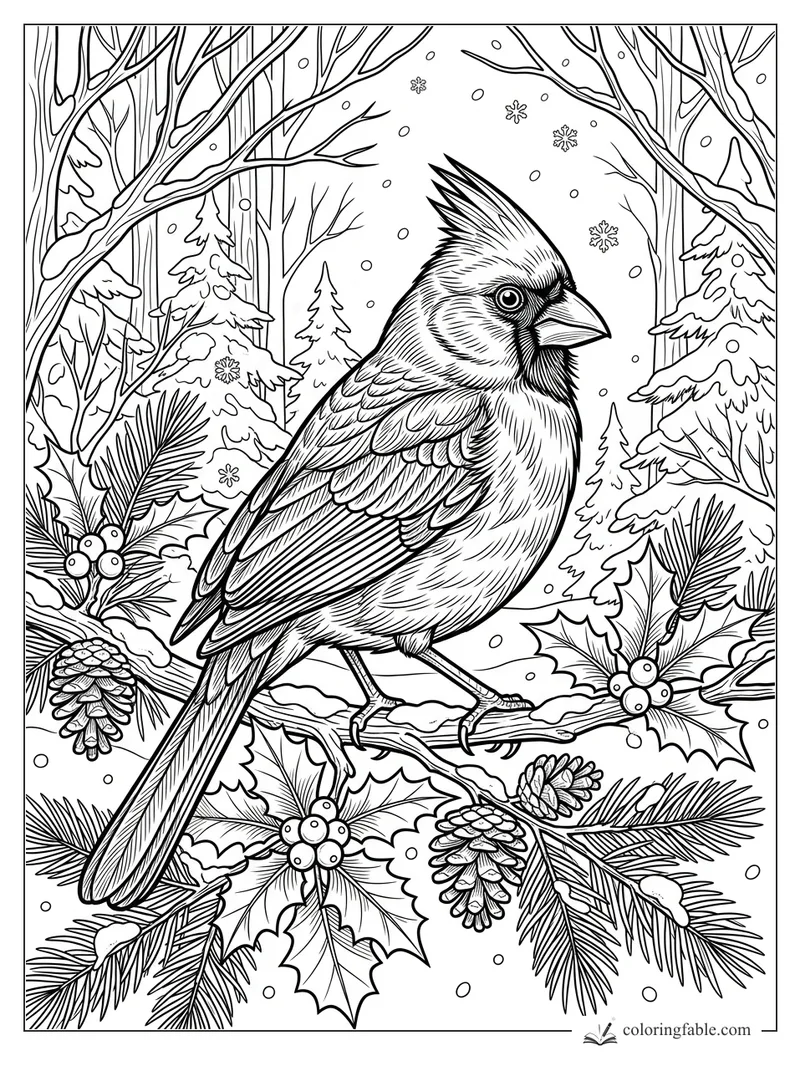 Intricate cardinal perched on snowy holly, pinecones, and evergreen branches in a winter forest