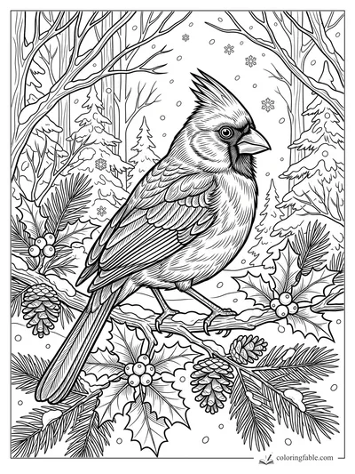 Intricate cardinal perched on snowy holly, pinecones, and evergreen branches in a winter forest