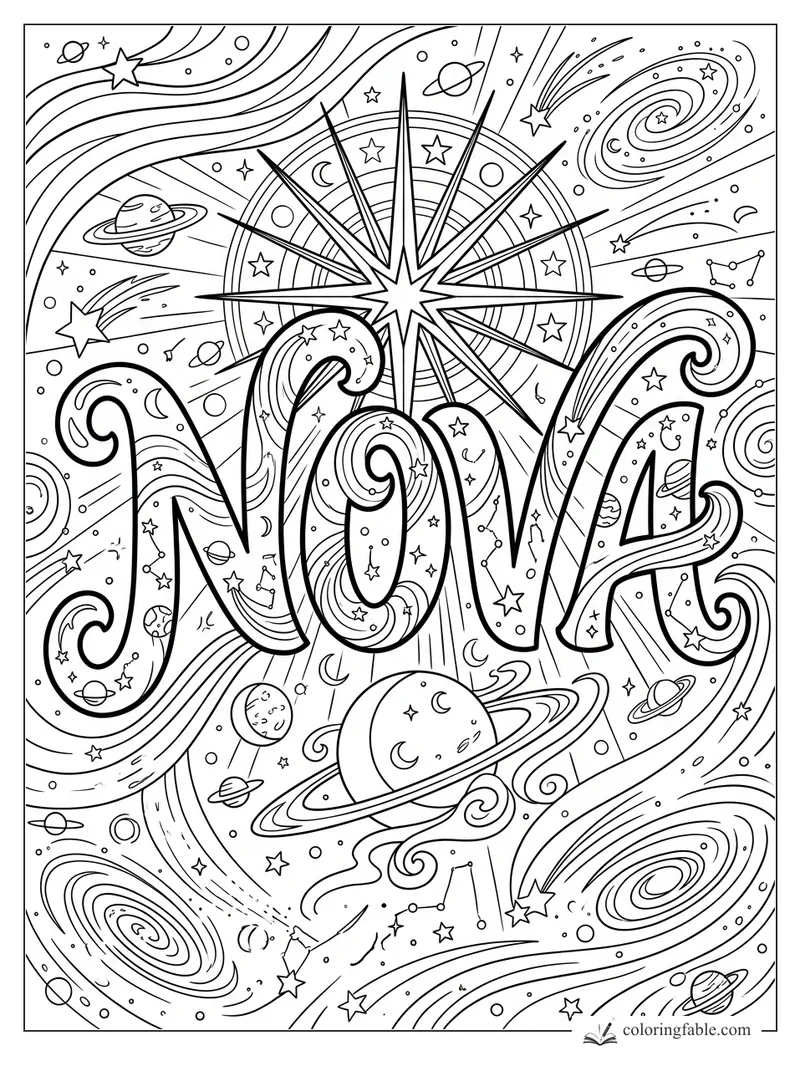 Nova name coloring page with bold letters, planets, comets, galaxies, and a compass star
